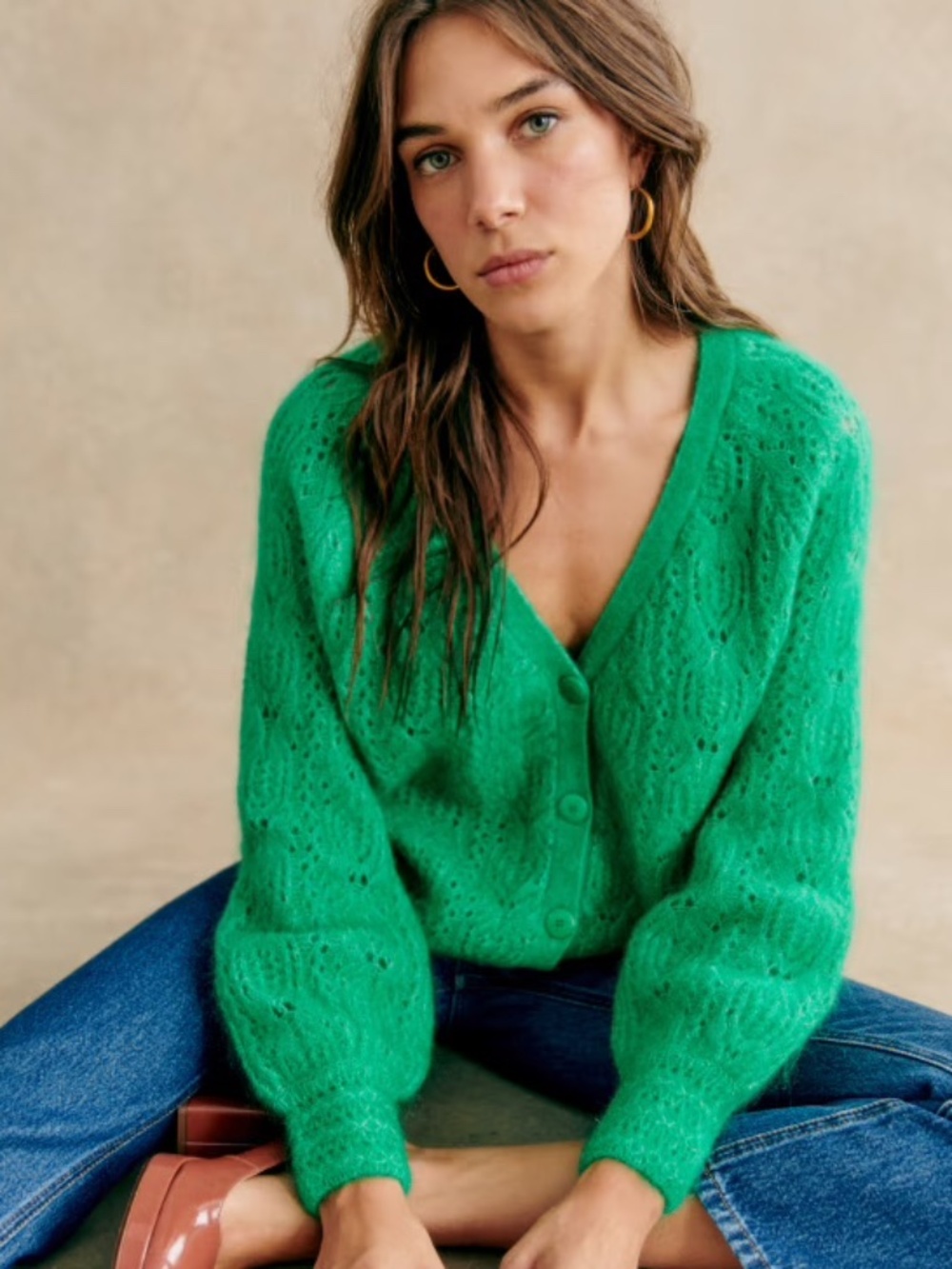 Sezane Emerald Fancy Knit Cardigan NWT